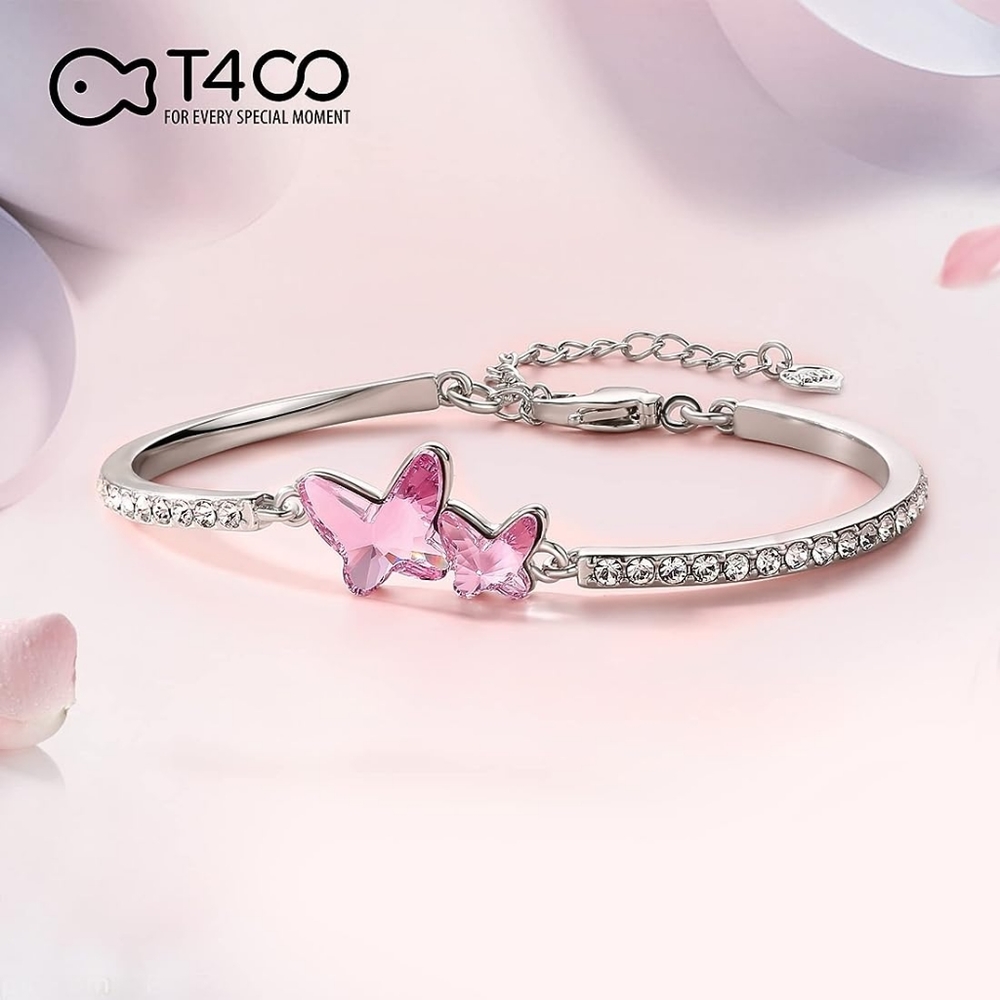 T400 Pink Butterfly Crystal Bangle Wrist Link Bracelet